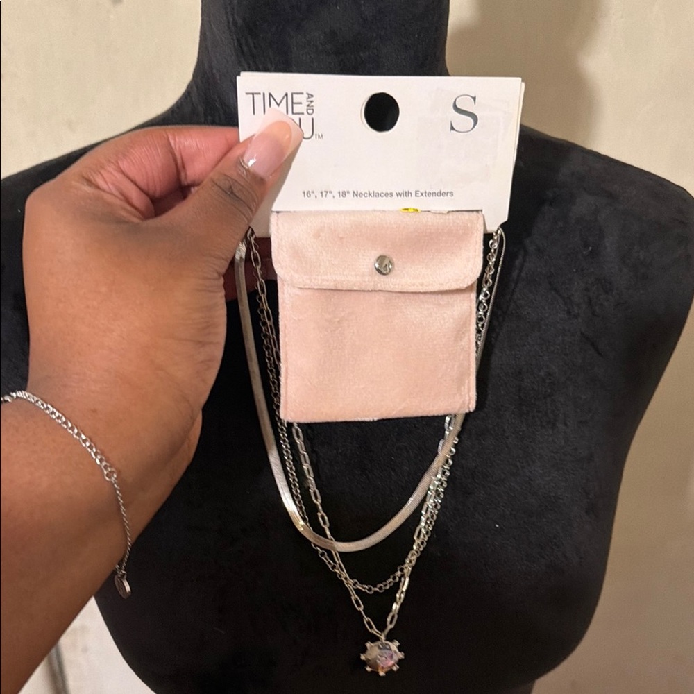 Time and Tru Blush Pink Suede Mini Crossbody Pouch with Layered Silver Chains
